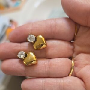 Gold Heart Stud Earrings with Crystal Accent - Women Jewelry